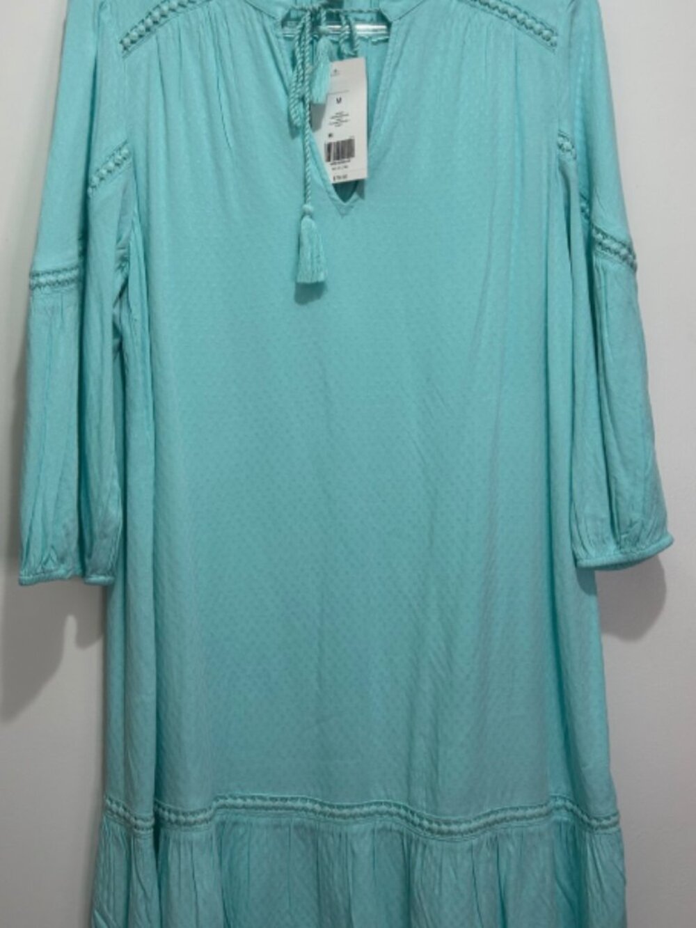 Crown & Ivy Aqua Peasant Dress with Tassel Detail in size Medium